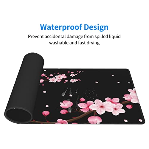 Pink Cherry Blossom Mouse Pad 31.5X11.8 Inch Black Japanese Anime Xl Large Gaming Extended Mousepad Big Desk Pad Stitched Edges Rubber Keyboard Mat For Office Desktop #TOP4