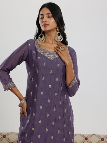 Image of Libas Embroidered Silk Blend A-Line Kurta with Palazzo and Dupatta