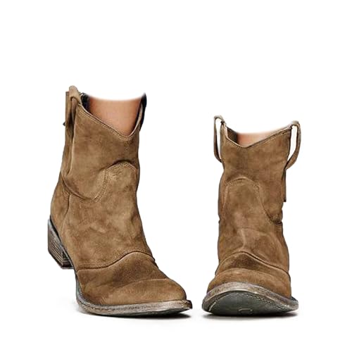 Suede Ankle Boots for Women Western Cowboy Ankle Boots Round Toe Mid Heel Slip On Back Zipper Fall Short Ankle Booties