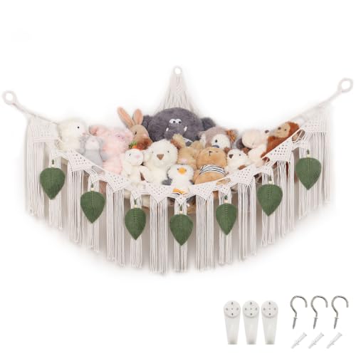 Pretty Jolly Hamaca de animales de peluche, estilo bohemio, borla, hoja, para colgar en la esquina, juguete para colgar en la esquina, soporte de red para niños, niñas, niños, regalo, decoración de