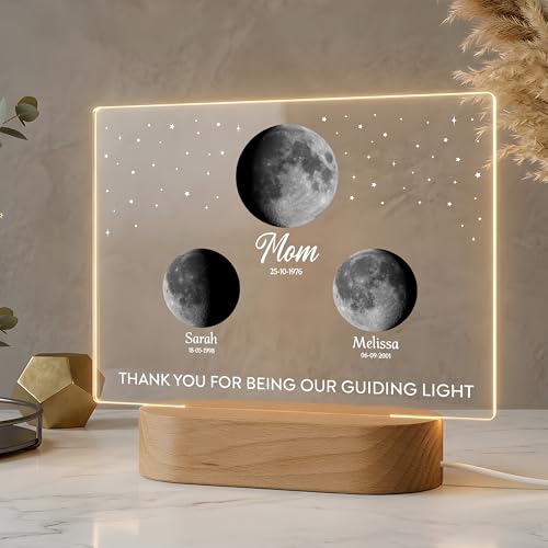 Personalized Moon Phase Night Light for Mom Custom Birth Moon Lamp with Names & Dates Real Lunar Phase from Birthday LED Acrylic Photo Frame Gift for Mothers Day