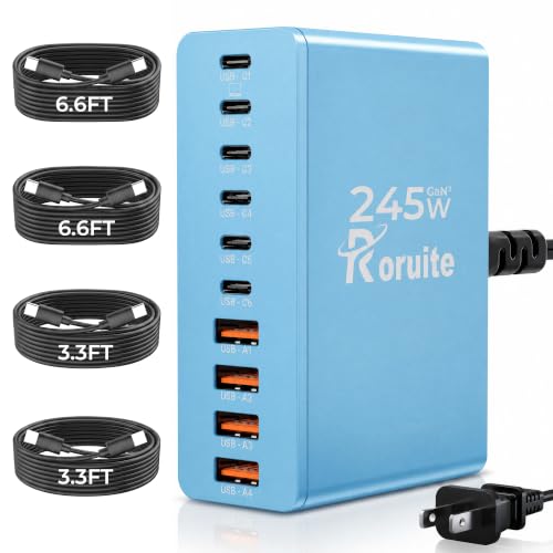 Image of USB C Charging Station 10 Port with 4 Cables,245W GaN Charger Block | Type C Wall Charger Power Strip Adapter Plug for iPad iPhone17 16 15 14 13 12 Pro Max Pixel Note Galaxy Blue