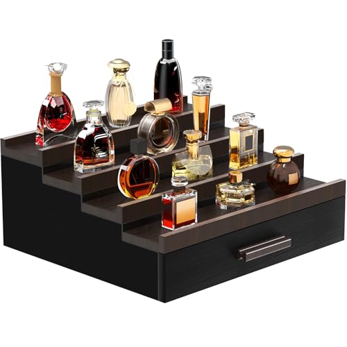 Zalida Wooden Cologne Organizer for Men 4 Tier of Perfume Display Holder of Drawer & 2 Hidden Compartments Larger Storage Space Mens Perfume Organizer Shelf Stand,Gift for Man (4T-Black Brown)