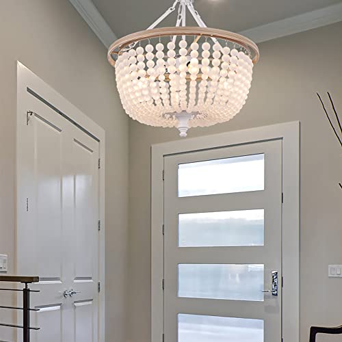 Tochic Coastal Chandelier Semi Flush Mount Ceiling Light Fixture With Crystal Beaded Accents, Modern Ceiling Lighting For Dining Room, Bedroom, Beach Home Decor, White, W-20 Inch #TOP5