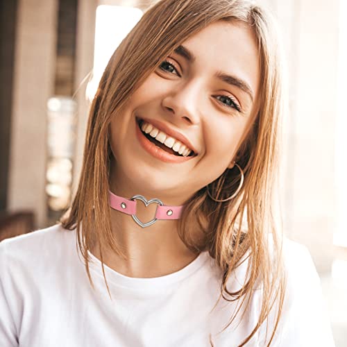 Flongo Choker Leder Halsband Lederhalsband Damen, Leder Halskette Halsband Anhänger Choker Tattoo Kette Pink Silber Herz Einstellbar Verstellbar Gothic Punk Rock Damen