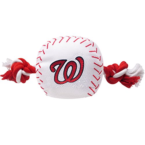 MLB WASHINGTON NATIONALS Baseball Rope Toy for DOGS & CATS. Tough nylon, Sporty Baseball Design, Heavy-duty ropes with Inner SQUEAKER