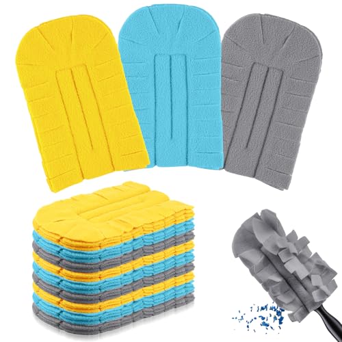 Image of Zubebe 12 Pcs Reusable Duster Refills Fleece,Yellow,Grey, Turq | Soft Polyester Fiber Flat Duster Refill Multi Surface Washable Cleaning Pad Tools for Home, Blinds, Car, Pet, Furniture, Fans