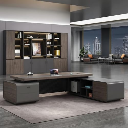 Image of Luxury Modern Executive Director Table with Fluted Front Panel, Integrated Side Storage, Cable Management Extra-Wide Premium Work Surface (LDL-769 MDFL L6W3)