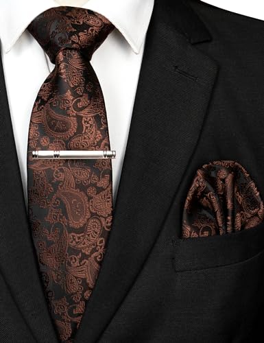 Image of JEMYGINS Mens Solid Color Paisley Necktie and Pocket Square with Tie Clip Sets