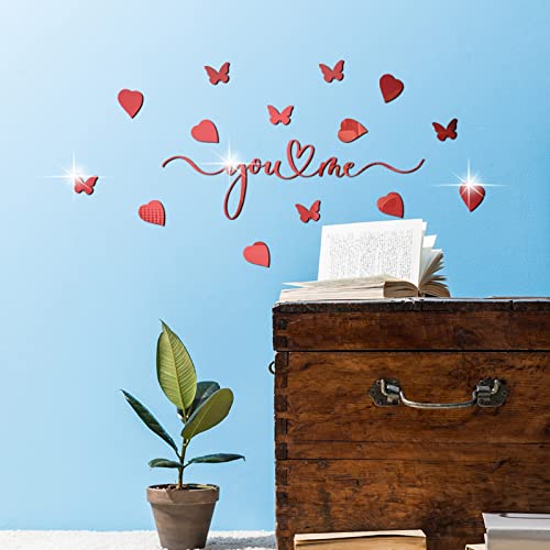 Droomhuis Pegatinas de Pared de Espejo Acrílico 3D, Corazón de Amor y Mariposa con Frase en Inglés "you and me" Vinilos de Pared Decorativos Dormitorio Sala de Estar Boda (Color rojo) Cover