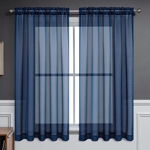 CUCRAF Navy Blue Sheer Curtains 72 Inches Long 2 Panels Set, Semi Sheer Rod Pocket Window Treatment...