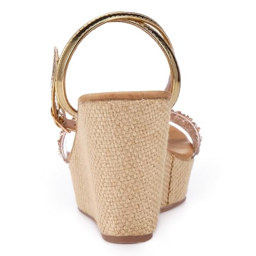 Taytoe Ankle Strap Espadrille Platform Wedge Sandals for Women, Open Toe Wedge Heels for Women Dressy, Black/Gold4