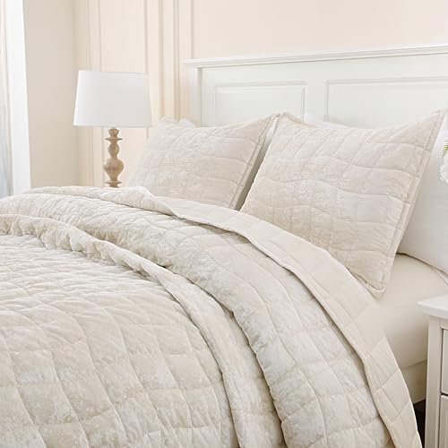 DOWNCOOL Velvet Quilt Set Queen Size, 3 Pieces Soft Lightweight Quilted Velvet Bedspread Coverlet Bedding with 2 Pillow Shams for All Season, Cream White — view 2