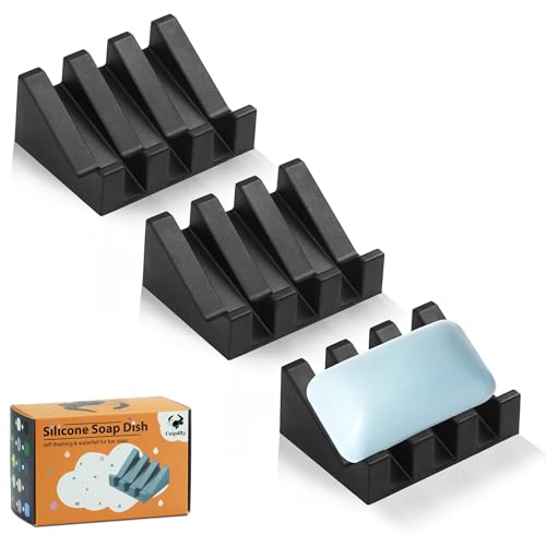 Coipdfty Self Draining Soap Dish Holder,Silicone Soap Dish,for Bathroom,Kitchen, Sponges,Can Extend Soap Life,Keep Soap Bars Dry and Easy Cleaning (Black,3-Pack) by Coipdfty - Used condition - CA$39.15