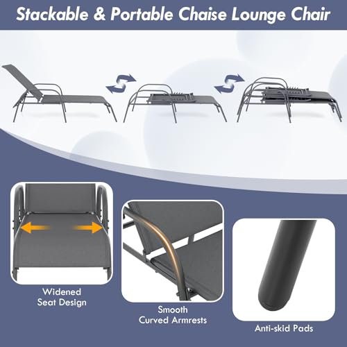 Image of Giantex 2 Pack Patio Lounge Chair, Outdoor Chaise Lounge with 5 Adjustable Backrest, Sturdy Steel Frame, Sunbathing Recliner, Tanning Chair for Beach, Outside, Yard, Balcony, Pool Chairs (2,Dark Gray)