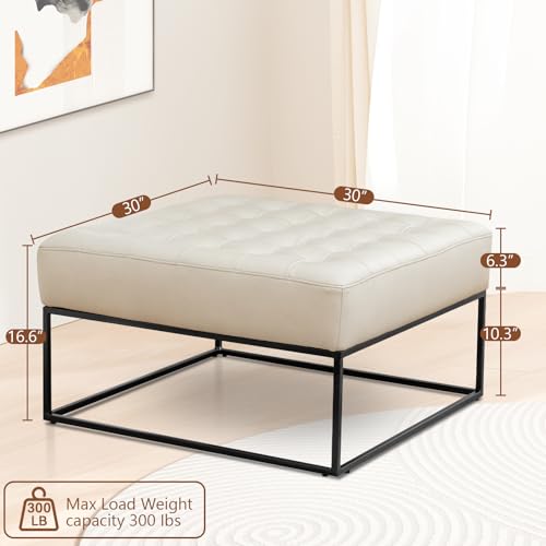 Image of Modern Genuine Leather Square Coffee Table, 30'' Farmhouse Ottoman for Living Room, Large Vintage Genuine Leather Coffee Tables with Leather Upholstered Padded Seat Beige