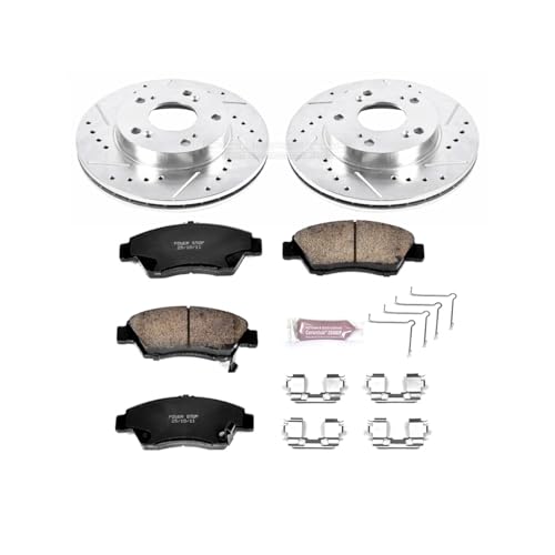 Image of PowerStop Front Brake Kit for Honda Civic 2006-11 - Drilled and Slotted Disc Rotors with Carbon-Fiber Ceramic Brake Pads Replacement, K2389