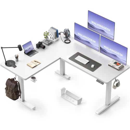 Image of WALKINGDESK 63x55 Inches Reversible L Shaped Standing Desk, Height Adjustable With Cup Holder, Electric Corner Computer Workstation, Sit Stand up Home Office, Standing Desk with Cable Management White