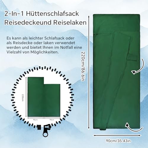 Hüttenschlafsack Baumwolle, 2in1 Hüttenschlafsack Ultraleicht aus Mikrofaser, Reiseschlafsack Schlafsack Inlett mit Kissenfach Deckenschlafsack für Erwachsene Camping Hostels Backpacking-Grün
