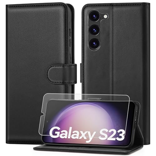 ivencase Coque pour Samsung Galaxy S23 5G avec Verre Trempé, étui Cuir PU Magnétique [Pochette de Portefeuille], Housse de Fonction Stand Video Porte Carte Credit à Rabat pour Samsung S23 5G - Noir