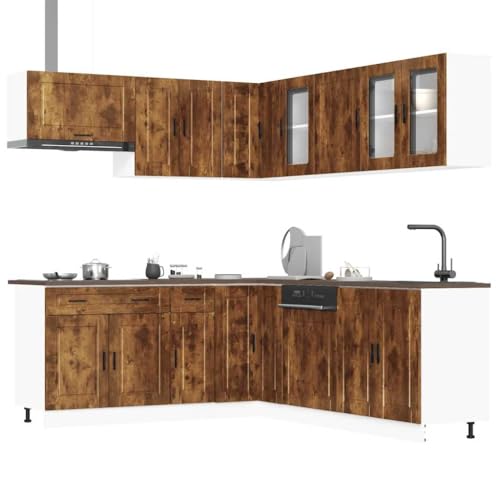 Teenpull Porto Smoked Oak Wood Composite Kitchen Cabinet Set with Adjustable Feet 11-Piece Storage Cabinet Buffet Cabinet Kitchen Furniture Sideboard