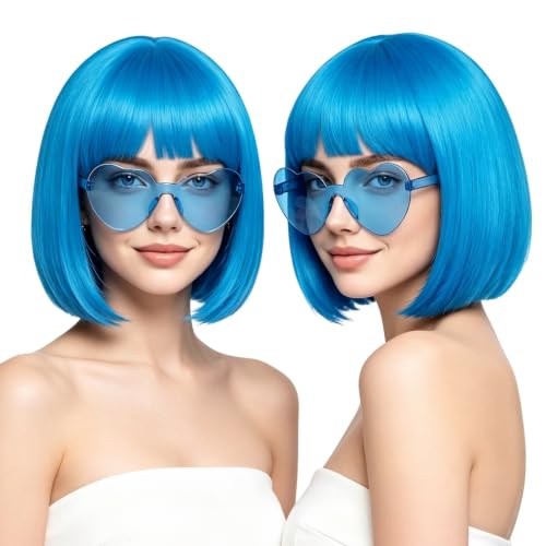 rookea 2 Pack Blue Bob Wigs with Heart Sunglasses for Women Men, Colorful Neon Bob Wig with Black Hair Cap for Christmas Halloween Party Bachelorette Photography Music Festival Princess Party