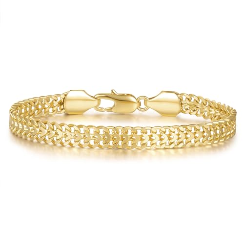 14K Gold Bracelets For Women Men Non Tarnish Gold Cuban Link Chain Dense Double-Row Design Fixed Sizes Mens Charm Bracelet Women’s Ideal for Gift Trendy Jewelry 6.5, 7, 7.5, 8, 8.5in