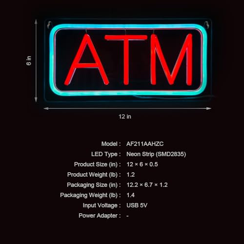 Image of ATM Neon Sign, Small Size, 12 inchx6 inch, USB Powered, 9 Levels of Brightness, Suitable for Bank Supermarket Convenience, Easy to Install on Store Wall Window as Room Decoration (Red, Transparent Acrylic)