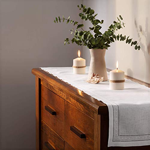 O'lucio Linen Table Runner - White 14 X 90 Inch - Classic Hemstitch Table Runners With Embroidered Swiss Dot For Rustic Farmhouse Dining Decor - Natural Fabric, French Flax #TOP3