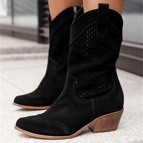 Sunnyuk damen cowboystiefel 42, Stiefeletten Damen Wildleder Cowboystiefel Spitz Halbstiefel Cowboy Westernstiefel Absatz Elegant Ankle Boots Damenstiefeletten Klassisch Halbhoch Stiefel Damenstiefel