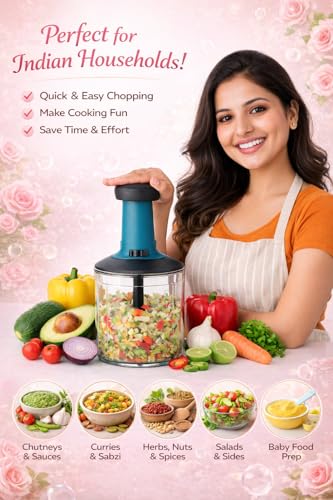 Image of Manual Push Chopper Gift for Mummy, Gift for Kitchen - Hand Press Vegetable & Fruit Cutter with Five Stainless Steel Blades, Multipurpose Onion, Salad,Ginger,Garlic, Tomato & Nuts