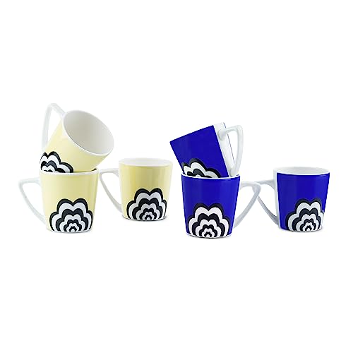 Image of Dandy Lines Conical Medium Yellow & Blue Cloud, Ceramic Coffee Mug Set, Pack of 6, Microwave & Dishwasher Safe, Great for Home Use & Gifting