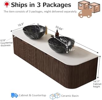 60" Floating Bathroom Vanity with Sink, Wall-Mount Cabinet with 2 Large Storage Drawer, 2 Black Bowl Ceramic Basins and Marble Top, Soft-Close Design, Dark Walnut