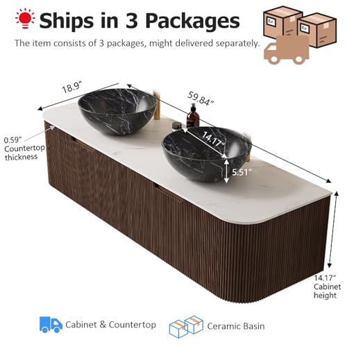 60" Floating Bathroom Vanity with Sink, Wall-Mount Cabinet with 2 Large Storage Drawer, 2 Black Bowl Ceramic Basins and Marble Top, Soft-Close Design, Dark Walnut