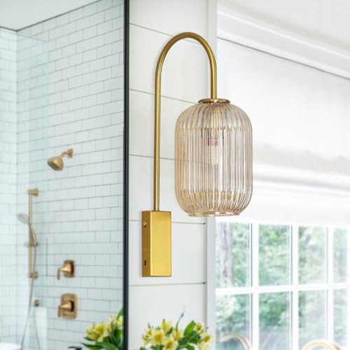 Image of 1-Light Bathroom Vanity Light fixtures Glass Globe Wall Sconce Lights Gold Wall Mount Light with Amber Glass Shade Mid Century Modern Wall Sconce for Over Mirror Bedroom Hallway
