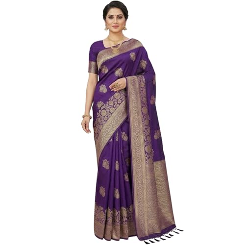 Women’s Banarasi Silk Saree with Blouse Piece | Purple Woven Flor...