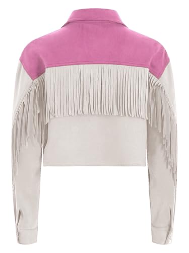 Kids Girls Faux Suede Tassel Jacket Coat Long Sleeve Shiny Star Rhinestone Color Block Outwear Carnival Party4