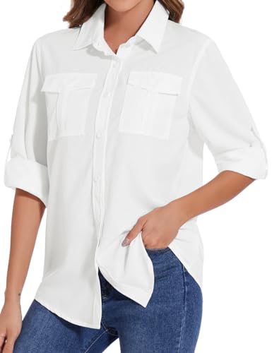Tuopuda Blusa de Manga Larga para Mujer con Cuello en V Suelta Camisa de Secado Rápido con Bolsillos,UPF 50+Protección UV Informal Top Deportivo para Safari,Camping,Viajes(Blanco,L)