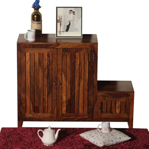 Image of Solid Sheesham Wood Shoe Rack Wooden with Seating 3 Doors | Multipurpose Shoe Rack Stand Storage Cabinet Organizer for Home, Office, Entryway, Hallway & Living Room, Bedroom | Natural Finish