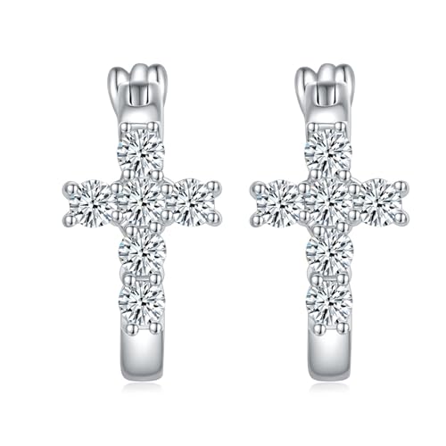 Boucles d'oreilles argent 925 femme créoles croix moissanite 0.72 CT