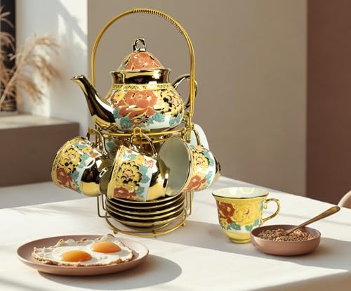 Image of Premium Ceramic Tea Set of 13 PCS Teapot (800ML) with 6 Cups (180ML Each), 6 Saucers & Holder Stand Elegant Gift for Tea Lovers Ideal for Home, Office & Parties (Golden)