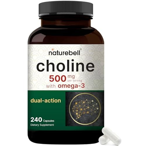 NatureBell Choline 500 mg with Omega-3 Fatty Acids, 240 Capsules | Extra Strength 2-in-1 Choline Bitartrate Formula | Non-GMO