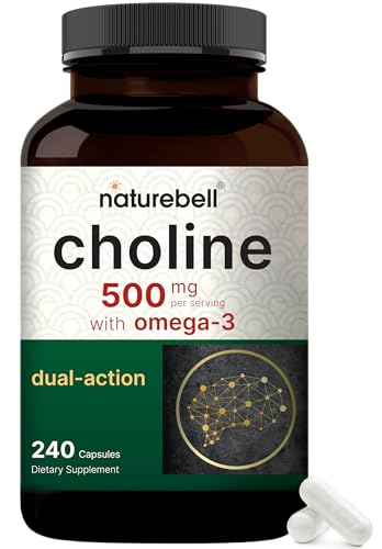 NatureBell Choline 500 mg with Omega-3 Fatty Acids, 240 Capsules | Extra Strength 2-in-1 Choline Bitartrate Formula | Non-GMO