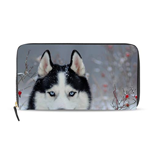 Portefeuille long en cuir pour femme avec fermeture éclair imprimé chien Husky