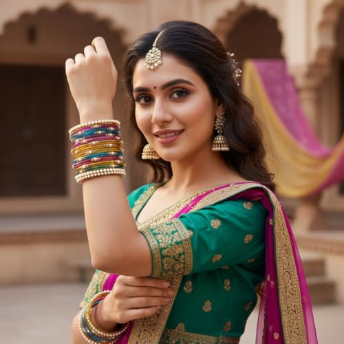 Image of SUNDRAM Women's Premium Fancy Glass Bangles for Women & Girls |with Zircon Gemstone Work & Charm| Traditional Ethnic Bangles Set of 12