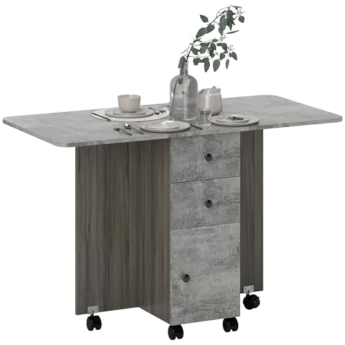 HOMCOM Tavolo da Pranzo Pieghevole, Tavolo Cucina a Ribalta con Ruote a Freno per 6 Persone, Scrivania Richiudibile con 2 Cassetti e Armadietto, per Soggiorno, 120x60x76.5 cm, Grigio Effetto Roccia
