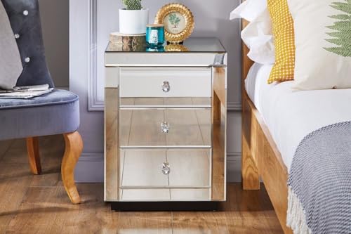 Furniturebox UK Mirror Bedside Table - Italian Mirrored Bedside Table With 3 Drawers, Modern Side Cabinet For Bedroom With Cut Glass Drawer Knobs - Image 6