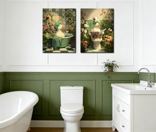 Image of Frimeeme Duck Green Botanical Bathtub Canvas Wall Art,12x16 Inch