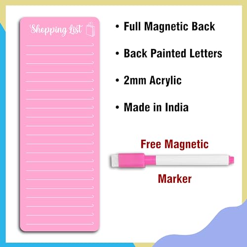 Image of Clickedin Magnetic Shopping List Grocery Fridge Magnet, 10x24 cm Acrylic Board with Marker (Pink)