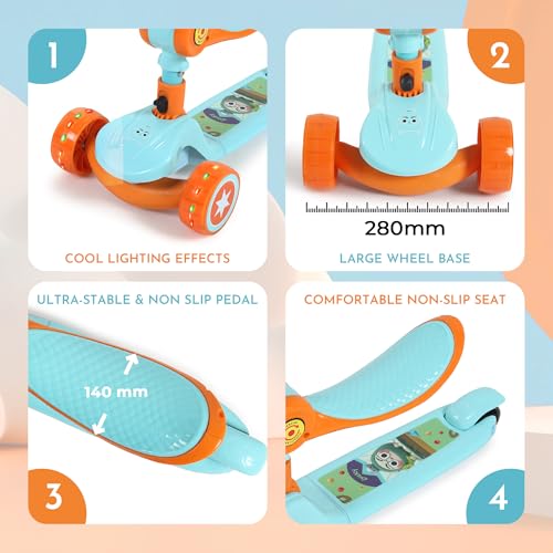 Image of 3 Wheel Kids Scooter with Foldable Seat | Adjustable Handlebar | PU LED Wheels | Light & Music Deck | Sit & Stand Kick Scooter for Boys & Girls 3-14 Years (Green & Orange)